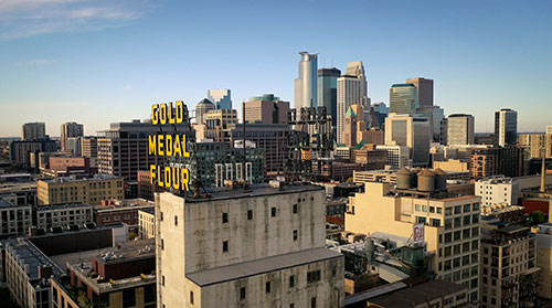 GoldMedal Flour sign and buildings aerial